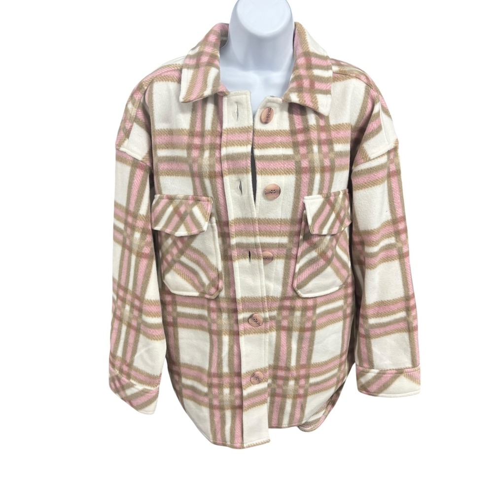 RND Plaid Flannel Shacket Shirt Jacket Pink Beige White Womens Medium
